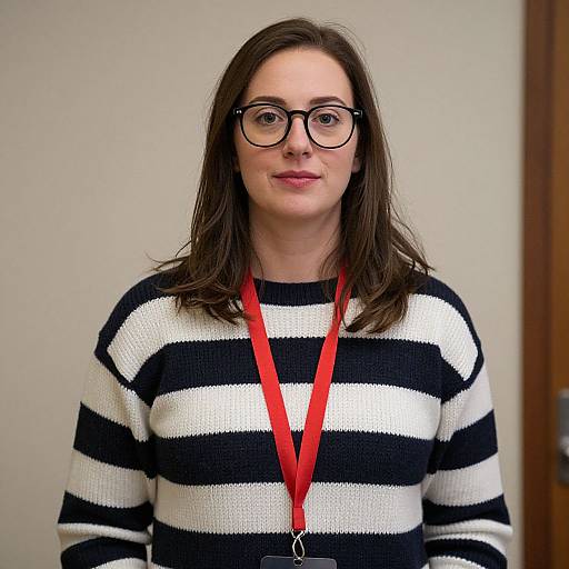 Photograph of a young white woman with straight brown hair, black-rimmed glasses, wearing a black and white striped sweater, and a red l