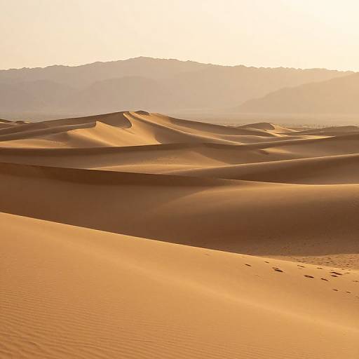 Photograph of a vast desert with golden sand dunes under a bright, hazy sunset. Gentle shadows cast across smooth, undulating dunes,