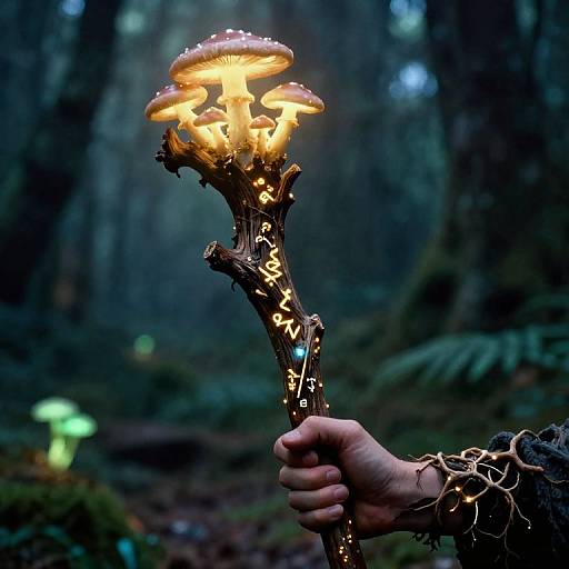 Photograph of a hand holding a glowing, enchanted wooden staff with mushroom-like top, illuminated runes, in a dark, misty forest.