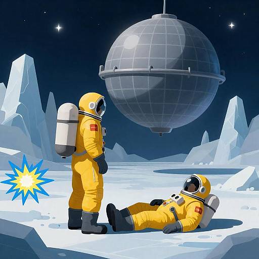Yellow-Suited Astronauts on Icy Moon