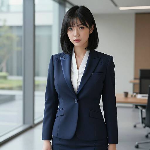 Photograph of an Asian woman with shoulder-length black hair, wearing a dark navy blazer over a white blouse, standing in a modern, sunlit