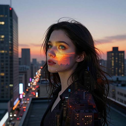 Photograph of a young woman with long, dark hair, reflecting city lights on her face, standing on a rooftop at dusk, cityscape with illuminated