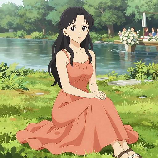 Anime-style digital drawing of a black-haired woman in a pink sundress sitting by a serene lake with lush greenery.