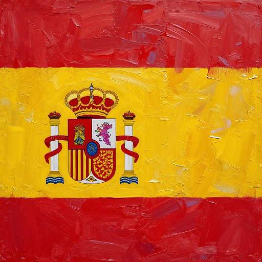 Painted Spanish flag with textured red, yellow, and red stripes, featuring the detailed national coat of arms in the center.