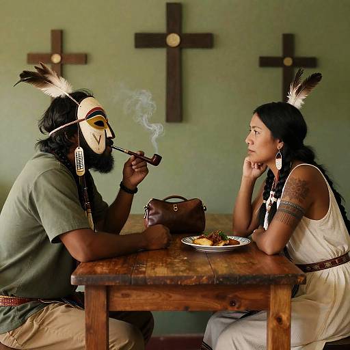 Native American Couple Sitting at Wooden Table