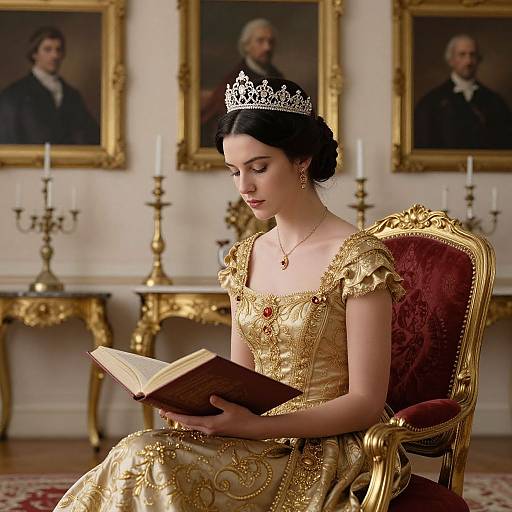Photograph of a fair-skinned woman in a gold, ornate gown and silver tiara, reading a book in an opulent room with gold