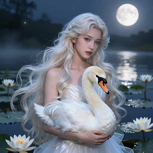 Graceful Swan Maiden in Moonlit Lagoon