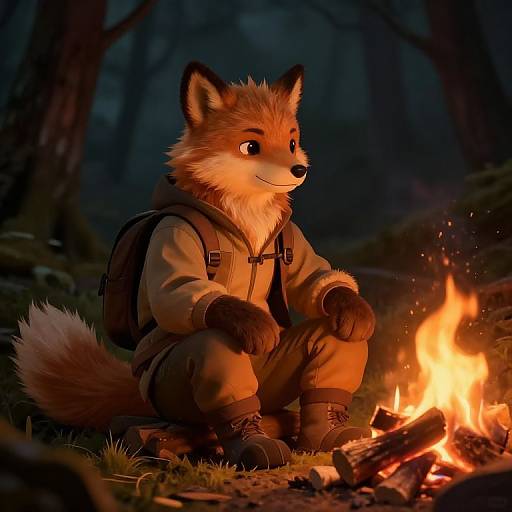 Digital illustration of an anthropomorphic fox in a hoodie and backpack, crouching by a campfire in a dark forest.