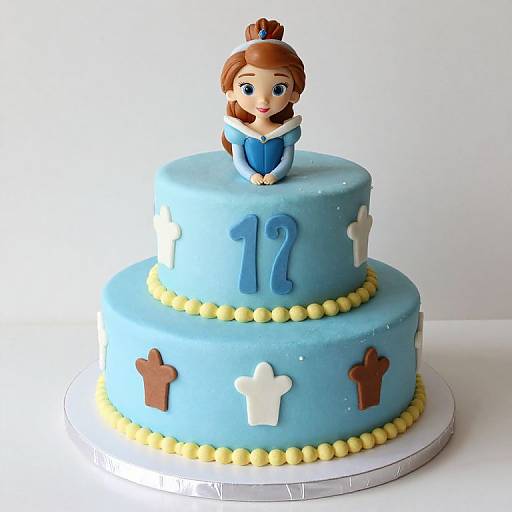 Photograph of a blue two-tier birthday cake with yellow bead border, white and brown cross decorations, and a fondant Disney Princess figure on top,