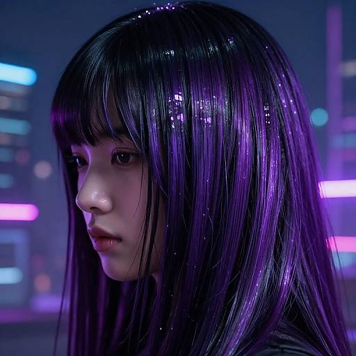 Digital art: Close-up of an Asian woman with long, glossy purple-black hair, neon-lit cityscape background, soft purple and blue lights,
