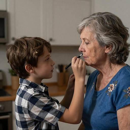Boy Applying Eyeliner to Older Woman