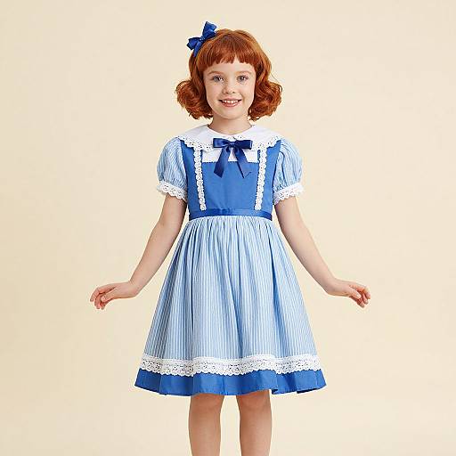 Photograph of a young girl with curly red hair, wearing a blue and white striped Mary Jane dress with white lace trim and a blue bow, smiling