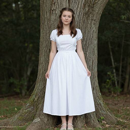 Photograph of a young woman with fair skin and brown hair, wearing a white short-sleeved, knee-length dress, standing against a large tree
