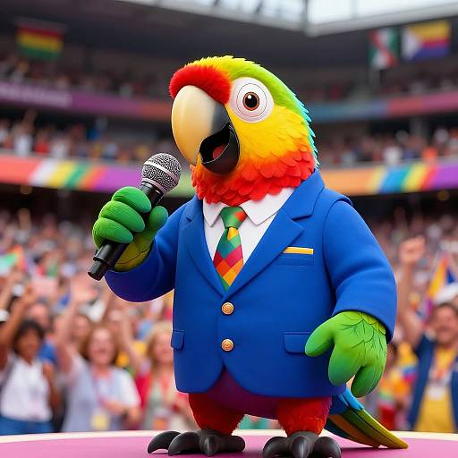 Vibrant, anthropomorphic parrot in a blue suit, rainbow tie, and holding a microphone speaks to a cheering, colorful stadium crowd. Digital
