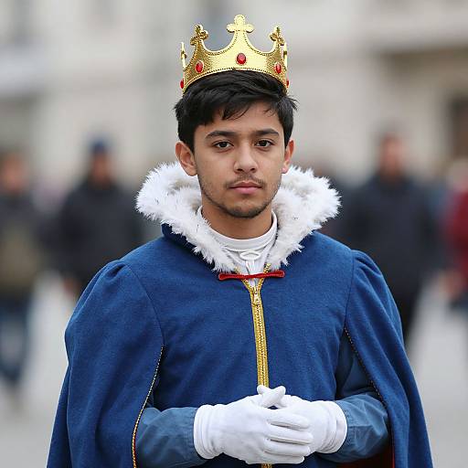 Photograph of a young man with medium skin tone and short black hair, wearing a gold crown, royal blue cape with white fur trim, white gloves