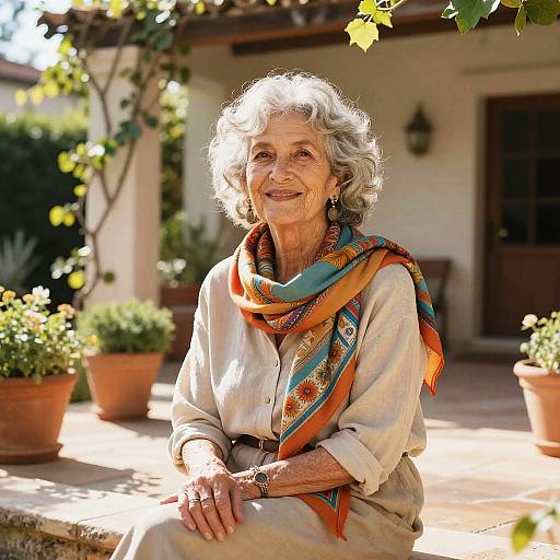Photograph of an elderly woman with curly white hair, wearing a cream blouse, orange and blue scarf, sitting outdoors on a sunny patio with potted