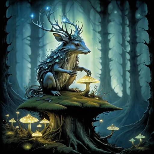 Whimsical Forest Creature with Glowing Mushrooms