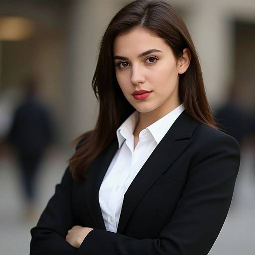 Photograph of a confident young woman with fair skin, dark brown hair, red lipstick, wearing a black blazer and white shirt, arms crossed,