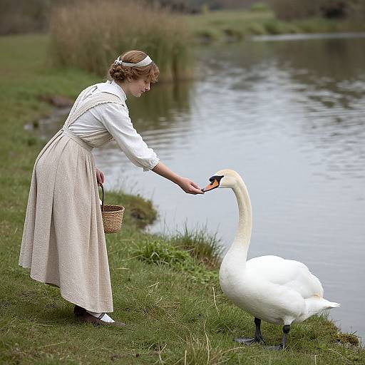 Vintage Woman Feeding Swans in Pastoral Scene