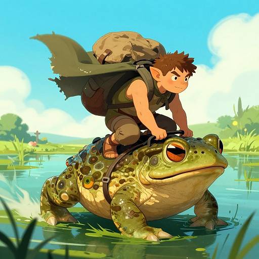 Digital illustration: Adventurous young boy with brown hair and backpack rides on a large, green, spotted frog in a sunny, lush pond. Bright blue