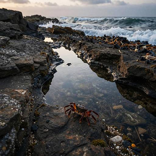 Photograph of a dark, rocky shoreline with a small pool reflecting the sky, a red crab in the foreground, and waves crashing in the background.