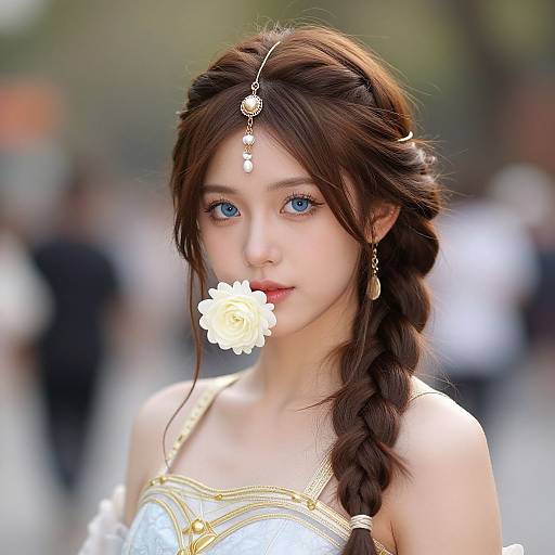 Photorealistic digital art of a beautiful young Asian woman with blue eyes, brown braided hair, wearing a white and gold dress, adorned with a