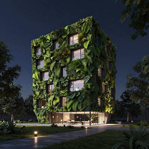 Nighttime Green Modern Pavilion in Forest