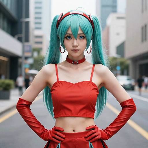 Aqua-Haired City Girl in Red Outfit