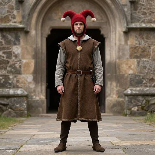 Photograph of a bearded man in a red jester hat, brown medieval tunic, gray shirt, black pants, and boots, standing in