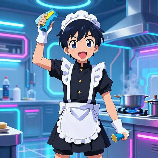 Anime-style drawing of a cheerful, short-haired boy in a black maid outfit, holding a yellow and blue spray bottle, in a neon-lit futuristic