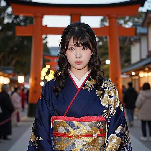 Photograph of a young Japanese woman in a black floral kimono with red obi, standing in front of a large orange torii gate at a