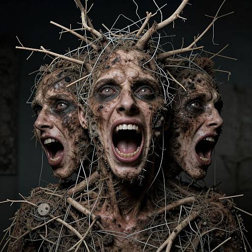 Photograph of a horror-creepy three-headed figure with mud-covered faces, jagged twig crown, and wide, screaming mouths, against a dark