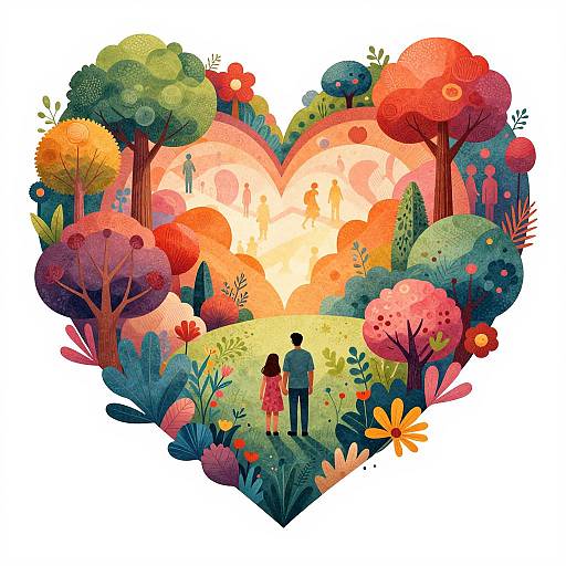 Vibrant digital illustration of a heart-shaped forest scene with colorful trees, flowers, and two silhouetted figures standing together.