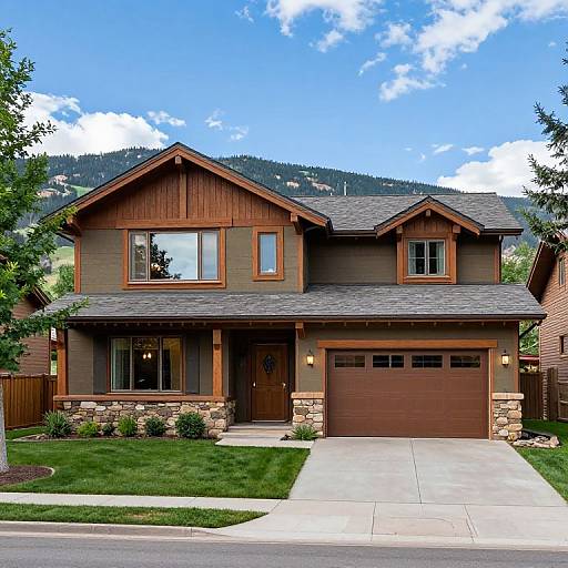 Photograph of a two-story, brown wooden house with stone accents, large garage, and mountain view in the background on a sunny day.