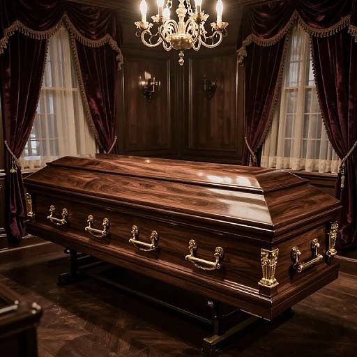 Photograph of a dark wooden casket with gold handles, centered in a dimly lit, elegant room with draped windows and a chandelier.
