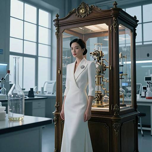 Photograph of a poised woman in a white, tailored dress standing beside an ornate, vintage laboratory cabinet with scientific equipment.