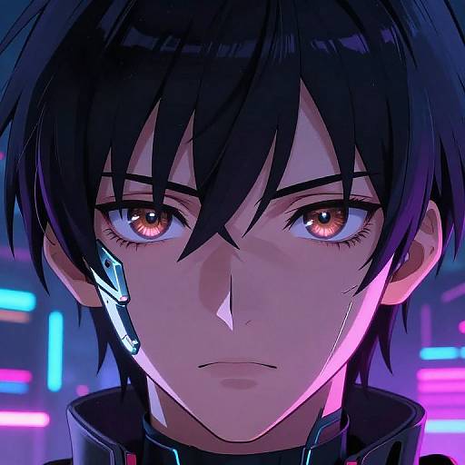 Digital anime portrait of a serious, black-haired young man with glowing red eyes and a cybernetic earpiece, set against a neon-lit background