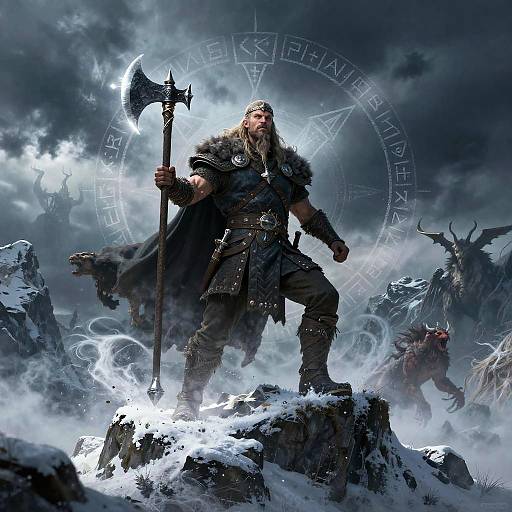 Fantasy CGI: Muscular, bearded warrior with fur-trimmed cloak and axe stands on snowy rock, surrounded by dark, stormy sky