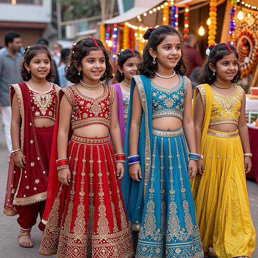 Photograph of five young Indian girls in colorful traditional outfits, standing in a festive street market with string lights and blurred background.