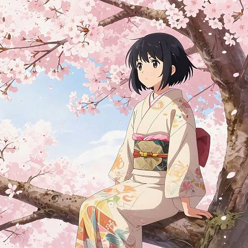 Anime Girl on Cherry Blossom Branch
