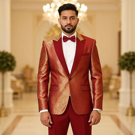 Photograph of a bearded man in a shimmering red-gold tuxedo with a bow tie, standing in an elegant, brightly lit room
