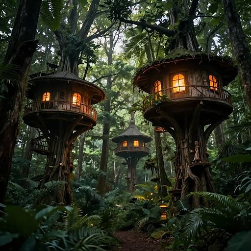 Photograph of enchanted forest featuring three wooden, fairy-tale style treehouses with warm, glowing windows, surrounded by lush green ferns and tall trees