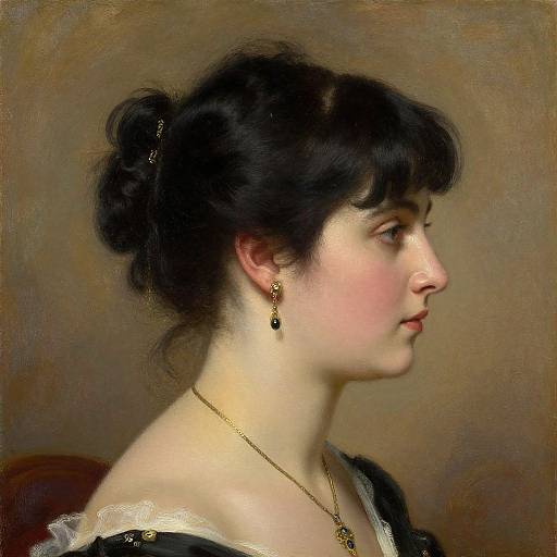 Photorealistic painting of a fair-skinned woman with black hair in an updo, wearing earrings and a necklace, seen in profile.
