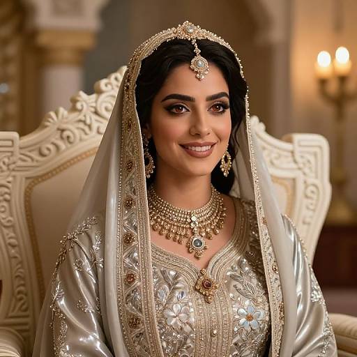 Photograph of a smiling Indian bride in traditional silver and gold embroidered lehenga, veil, and ornate jewelry, seated on an ornate chair in