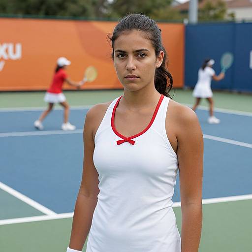 Photograph of a focused, young Latina tennis player with dark hair in a white dress with red trim, standing on a blue-green tennis court, with