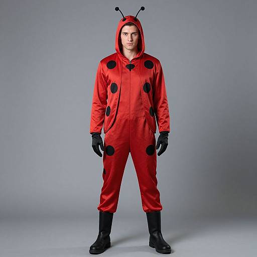 Photograph of a man in a red ladybug costume with black spots, antennae headband, black gloves, and boots, standing against a gray