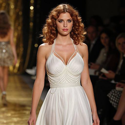 Photograph of a confident, curly-haired woman with fair skin, wearing a white, halter-neck, V-neck dress, walking a dimly lit