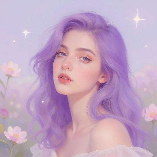 Digital art of a fair-skinned woman with wavy, lavender hair, pink lips, and blue eyes, surrounded by soft-focus flowers and sparkling stars
