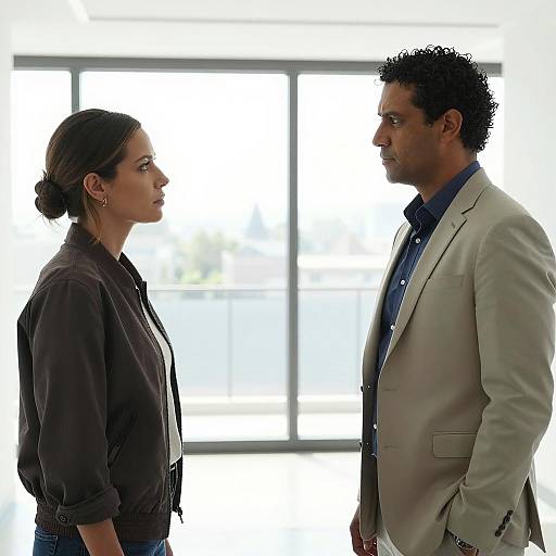 Serious Conversation Between Man and Woman in Modern Hallway