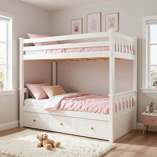Photograph of a white wooden bunk bed with pink bedding, framed botanical art, and stuffed animals on a white rug. Sunlit room with light gray